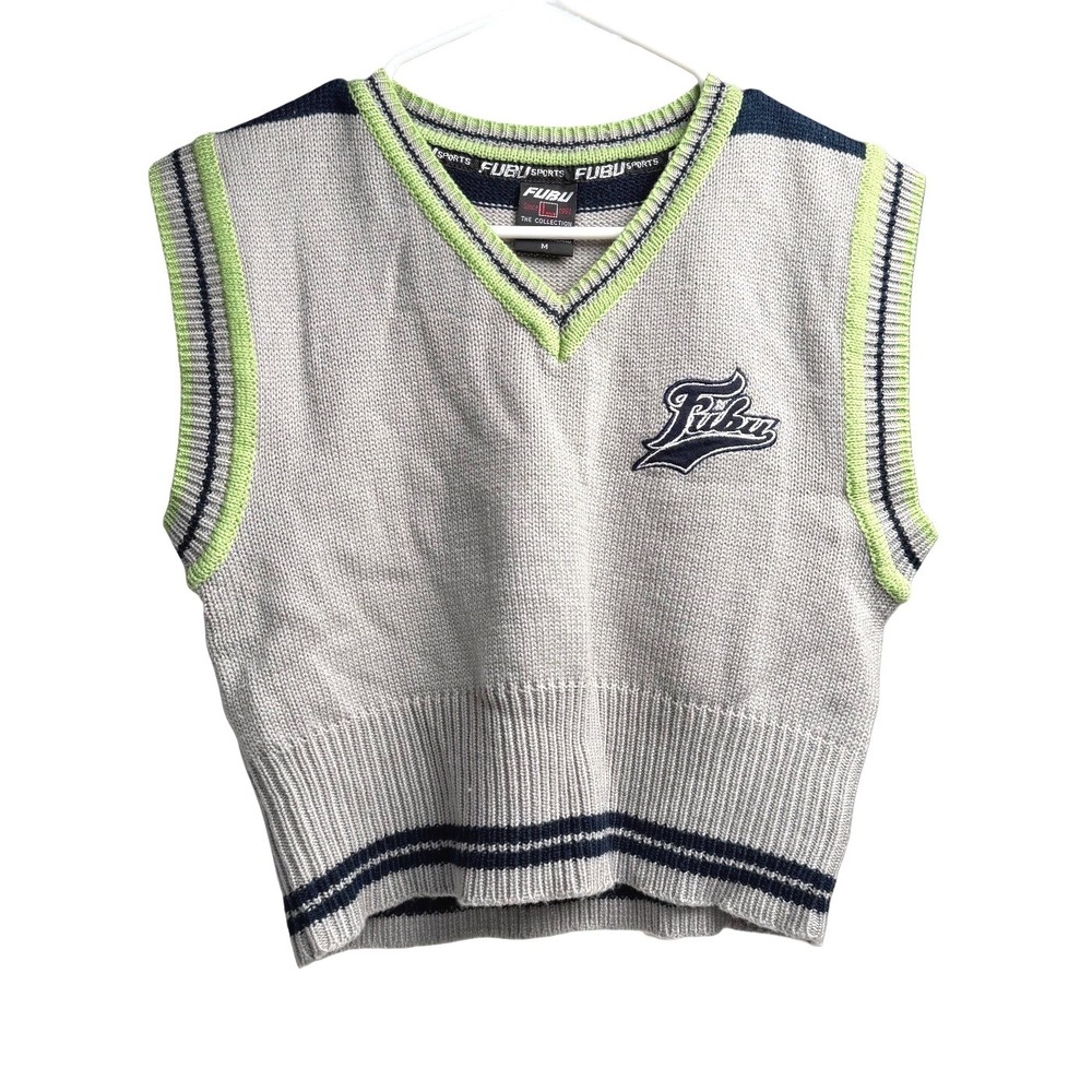 Vintage Y2K FUBU Sports Cropped Sweater Vest Women Medium Grey Streetwear 90s